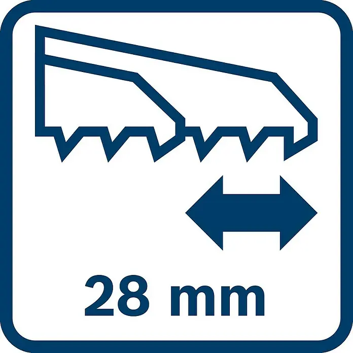 Bosch Professional AMPShare 18V Akku-Säbelsäge GSA 18 V-LI - 18 V, Ohne Akku, Leerlaufhubzahl: 0 /min - 2.700 /min - Abbildung einer Sägeblatt-Zahnteilung von 28 mm, dargestellt durch eine stilisierte Säge und einen Doppelpfeil.
