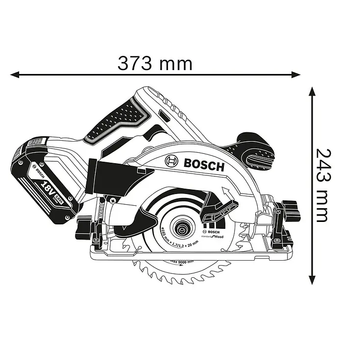 Bosch Professional AMPShare 18V Akku-Handkreissäge GKS 18V-57 G L-Boxx - 18 V, 2 Akkus, Leerlaufdrehzahl: 3.400 U/min, Sägeblatt: 165 mm - Abbildung einer Bosch Akku-Kreissäge mit Größenangaben, die die Abmessungen (373 mm Länge, 243 mm Höhe) hervorheben.