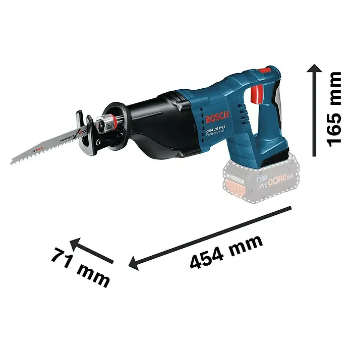 Bosch Professional AMPShare 18V Akku-Säbelsäge GSA 18 V-LI - 18 V, Ohne Akku, Leerlaufhubzahl: 0 /min - 2.700 /min - Abbildung einer Bosch GSA 18 V-LI Professional Akku-Säbelsäge mit Maßangaben zu Länge, Höhe und Breite des Geräts.