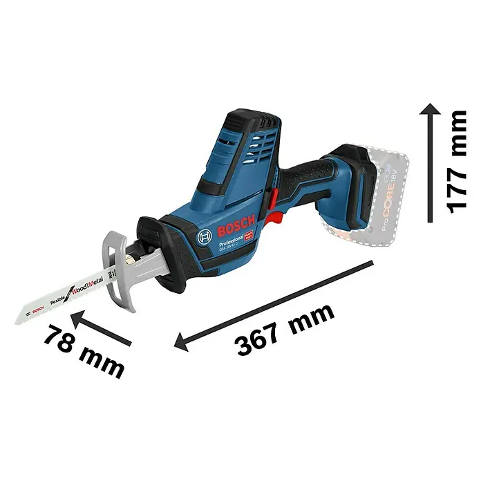Bosch Professional AMPShare 18V Akku-Säbelsäge GSA 18 V-LI C L-Boxx - 18 V, Ohne Akku, 3.050 /min, Koffer - Abgebildet ist eine blaue Bosch Professional GSA 18V-LI C Akku-Säbelsäge mit Abmessungen, die auf dem Bild hervorgehoben werden.
