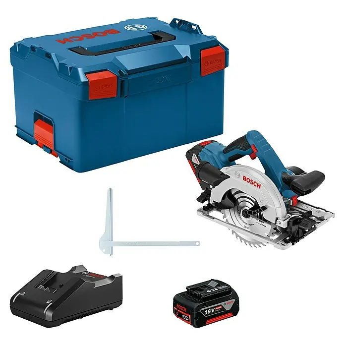 Bosch Professional AMPShare 18V Akku-Handkreissäge GKS 18V-57 G L-Boxx - 18 V, 2 Akkus, Leerlaufdrehzahl: 3.400 U/min, Sägeblatt: 165 mm - Bosch Akku-Kreissäge GKS 18V-68 GC mit Zubehör und L-Boxx. Das Set beinhaltet Akku, Ladegerät und Parallelanschlag für präzise Schnitte.