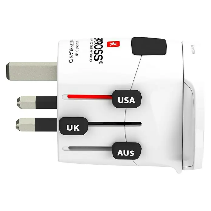 Skross Reiseadapter PRO Light – World - Weiß - Universal-Reiseadapter von Skross für verschiedene Steckertypen (USA, UK, AUS) mit Schiebemechanismus zur einfachen Anpassung.