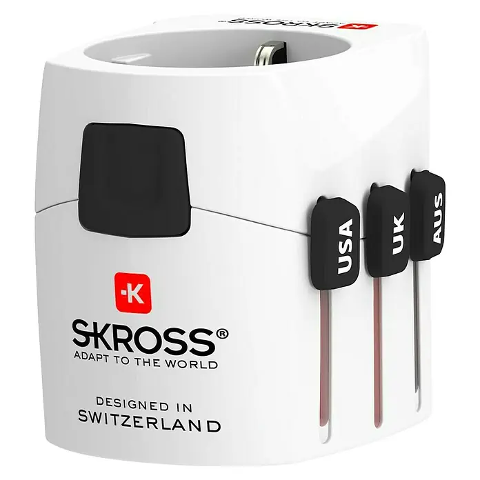 Skross Reiseadapter PRO Light – World - Weiß - Ein Universal-Reiseadapter von Skross, mit verschiedenen Steckertypen für USA, UK und Australien, ideal für internationale Reisen.