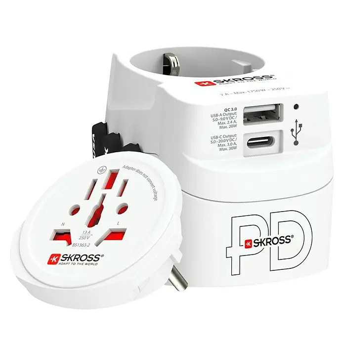 Skross Reiseadapter PRO Light USB AC30PD - World - Weiß - Das Reiseadapter-Set von Skross bietet vielseitige Anschlussmöglichkeiten und schnelles Aufladen mit USB-A und USB-C.