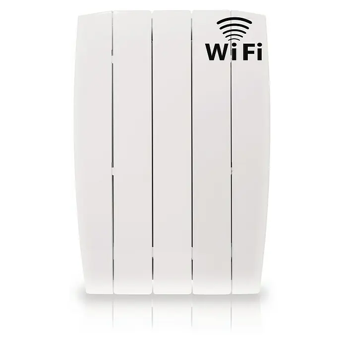 HJM Emisor térmico Optima WiFi - 500 W, Blanco, 9,5 x 39,6 x 58 cm, Cerámico - Primer plano de un radiador Wi-Fi blanco, que ofrece una solución de calefacción moderna y energéticamente eficiente con conectividad inalámbrica.