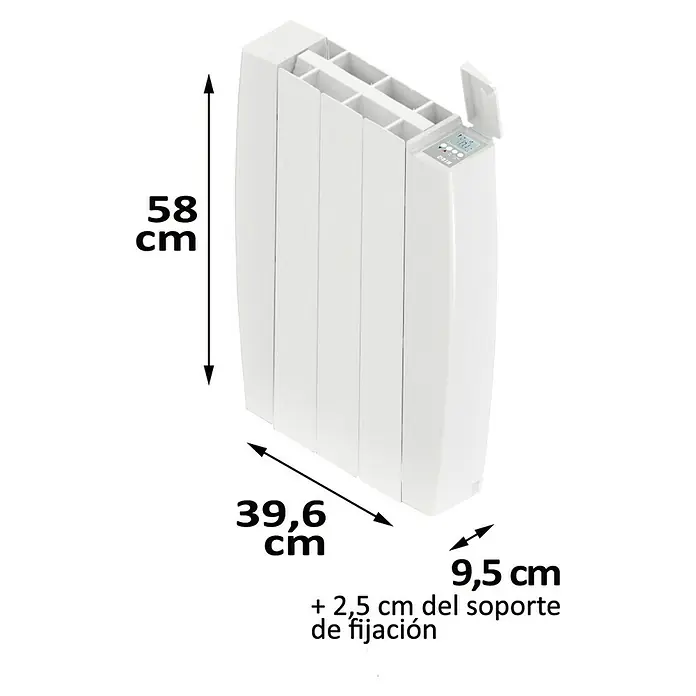 HJM Emisor térmico Optima WiFi - 500 W, Blanco, 9,5 x 39,6 x 58 cm, Cerámico - Imagen de un radiador blanco con dimensiones para ilustrar las especificaciones de tamaño del producto.