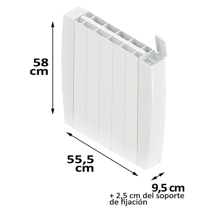 HJM Emisor térmico Optima WiFi - 750 W, Blanco, 9,5 x 55,5 x 58 cm, Cerámico - Imagen del producto de un radiador blanco, con las dimensiones de altura, anchura y profundidad indicadas.