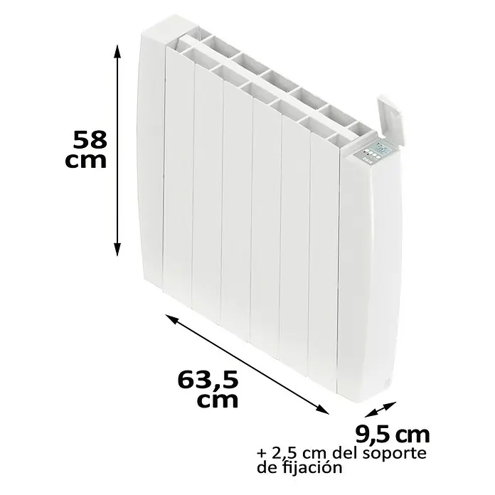HJM Emisor térmico Optima WiFi - 1.000 W, Blanco, 9,5 x 63,5 x 58 cm, Cerámico - La imagen muestra un radiador blanco con dimensiones de 58 cm de altura, 63,5 cm de longitud y 9,5 cm de profundidad.