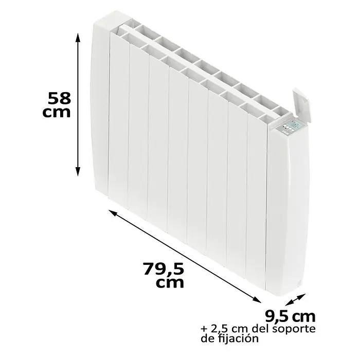 HJM Emisor térmico Optima WiFi - 1.250 W, Blanco, 9,5 x 79,5 x 58 cm, Cerámico - Imagen de un radiador blanco con las dimensiones de alto, ancho y fondo indicadas.