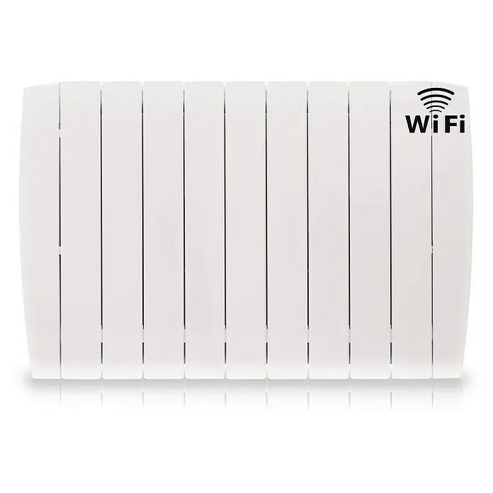 HJM Emisor térmico Optima WiFi - 1.500 W, Blanco, 9,5 x 87,5 x 58 cm, Cerámico - Imagen de un radiador blanco con Wi-Fi y aletas verticales.