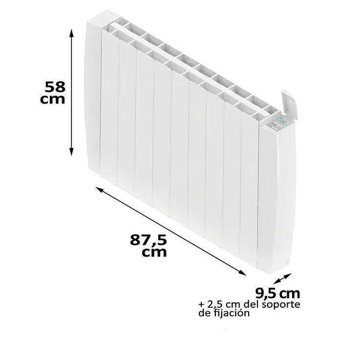 HJM Emisor térmico Optima WiFi - 1.500 W, Blanco, 9,5 x 87,5 x 58 cm, Cerámico - Dimensiones del radiador blanco: 58 cm de alto, 87,5 cm de ancho y 9,5 cm de profundidad. Las dimensiones incluyen el soporte.