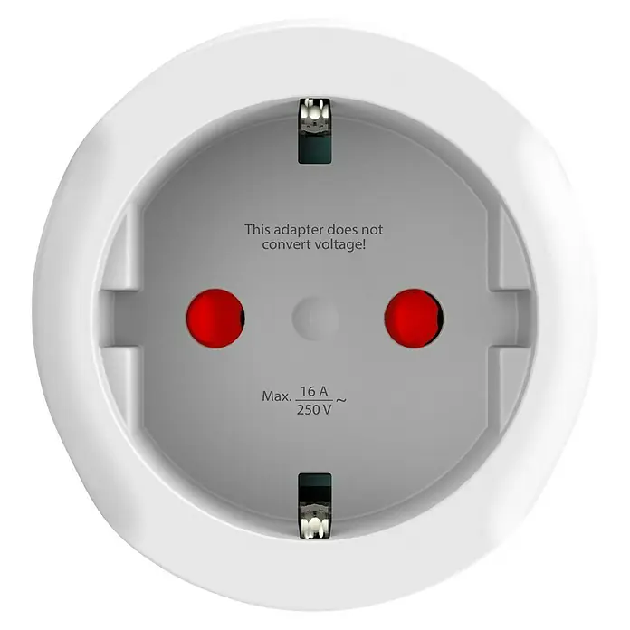 Skross Reiseadapter Europe to Switzerland/Italy/Brazil - Netzsteckertyp Reiseadapter: Typ L (CEI 23-50), Weiß - Weißer EU-Steckdosenadapter mit rotem Schutzkontakt und Warnhinweis, dass er keine Spannung umwandelt. Maximal 16 A / 250 V.