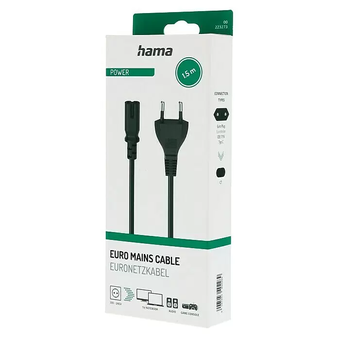 Hama Netzkabel - Schwarz, Länge: 1,5 m, Eurostecker - Schwarzes 1,5m Euro-Netzkabel mit CEE 7/16 Eurostecker und C7-Anschluss.