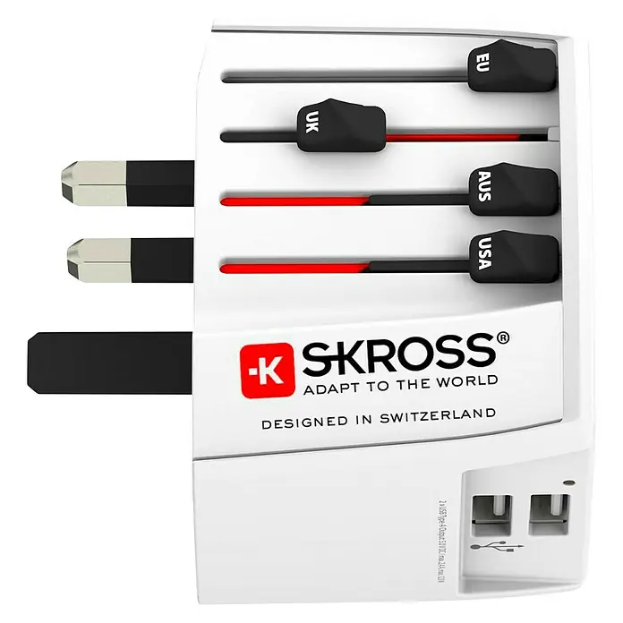 Skross Reiseadapter MUV USB - Weiß - Universal-Reiseadapter von Skross mit EU, UK, AUS & USA Steckeroptionen und USB-Anschlüssen, ideal für Reisen rund um die Welt.
