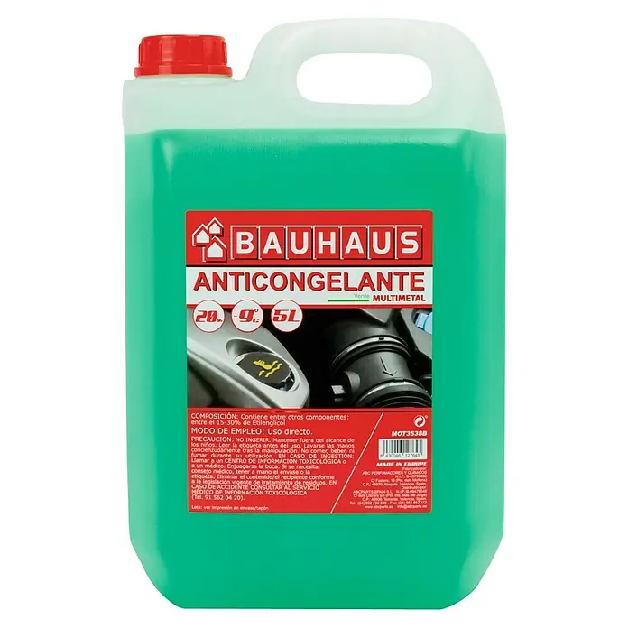BAUHAUS Concentrado anticongelante para motores - 5 l, Verde - Anticongelante Multimetal de Bauhaus: Refrigerante para coches en invierno, protege hasta -9°C, recipiente de 5L, líquido verde, protección motor.
