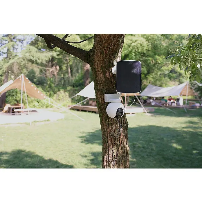 EZVIZ Sonnenkollektor Model F - 4,2 W - Nahaufnahme einer auf einem Baum montierten Überwachungskamera mit Solarpanel, die für Sicherheit im Freien sorgt.
