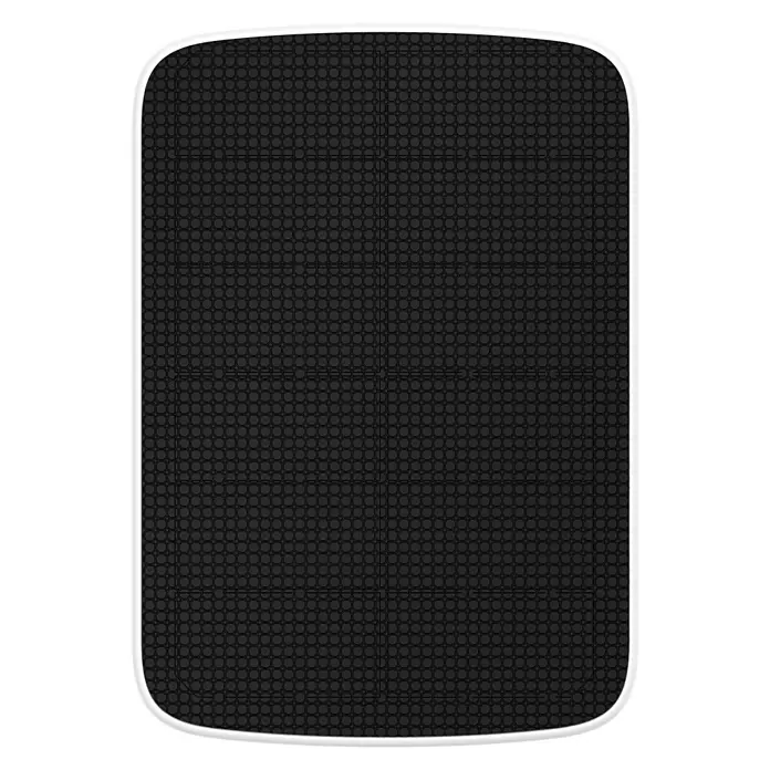 EZVIZ Sonnenkollektor Model F - 4,2 W - Schwarze Badematte mit einem weißen Rand und einem Muster aus Kreisen und Quadraten, ideal für jedes Badezimmer.
