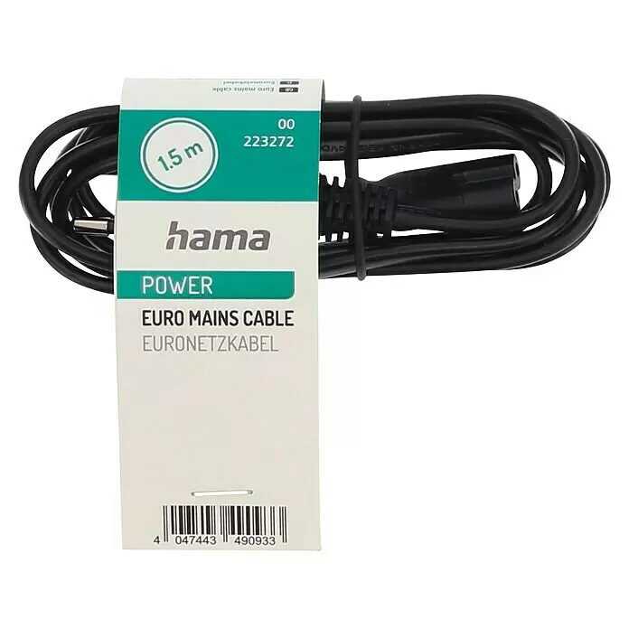 Hama Netzkabel 00223272 - Schwarz, Länge: 1,5 m, Eurostecker - Hama 1,5m schwarzes aufgerolltes Euro-Netzkabel.