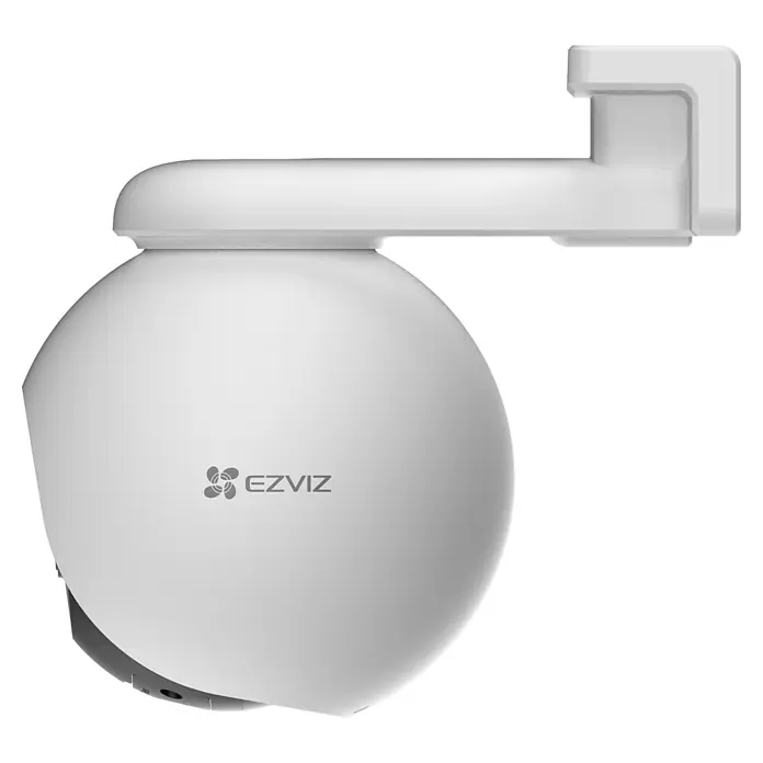 EZVIZ Überwachungskamera H8 Pro 3K - Weiß - Nahaufnahme einer weißen EZVIZ-Überwachungskamera für den Außenbereich mit Wandhalterung, ideal für die Sicherheit rund ums Haus.