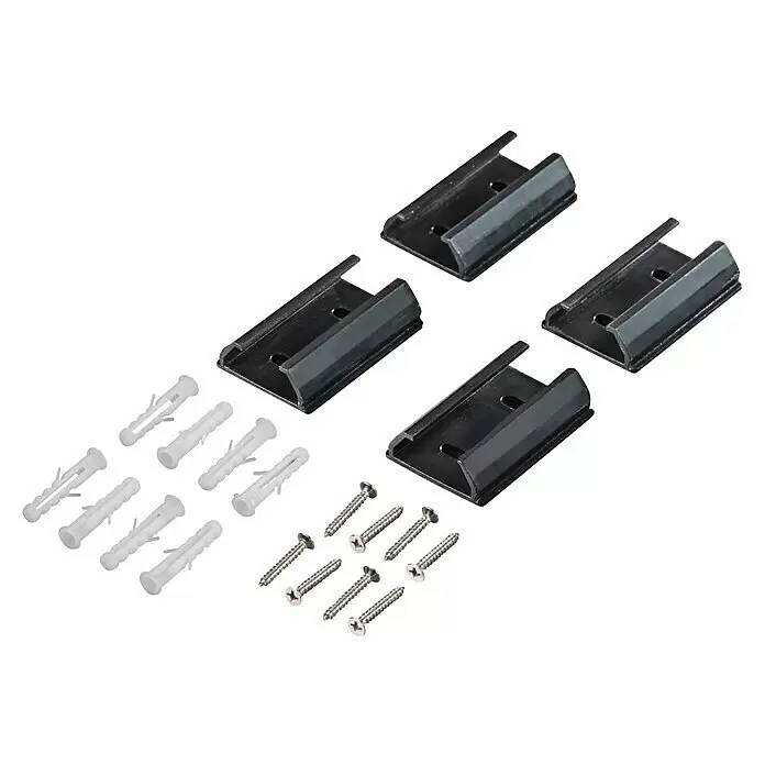 Hama Kabelkanal - 1,1 m x 33 mm x 18 mm, Schwarz - Montage-Set mit vier schwarzen Metallhalterungen, acht weißen Dübeln und acht silbernen Schrauben zum sicheren Befestigen.