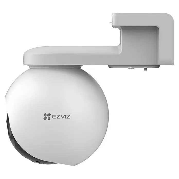 EZVIZ Cámara de vigilancia EB8 4G 2K - Blanco, Ángulo de detección: 100 °, Alcance de detección: 15 m - Primer plano de una cámara de seguridad EZVIZ blanca con soporte de pared sobre un fondo negro.