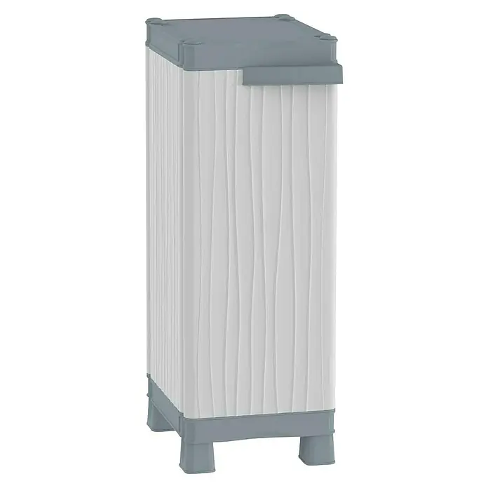 Terry Kunststoff-Mehrzweckschrank Wave Base 350 - L x B x H: 35 x 43,8 x 97,6 cm - Abbildung einer weiss-grauen Wäschesortierbox mit vertikalen gewellten Linien für stilvolle Organisation im Badezimmer.