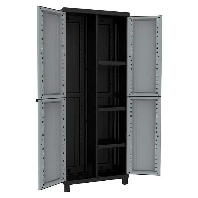 Terry Kunststoff-Mehrzweckschrank Twist Black 3680 - L x B x H: 39 x 68 x 170 cm - Das Bild zeigt einen offenen, grauen Mehrzweckschrank mit schwarzen Regalen. Er bietet viel Stauraum und ist funktional gestaltet.