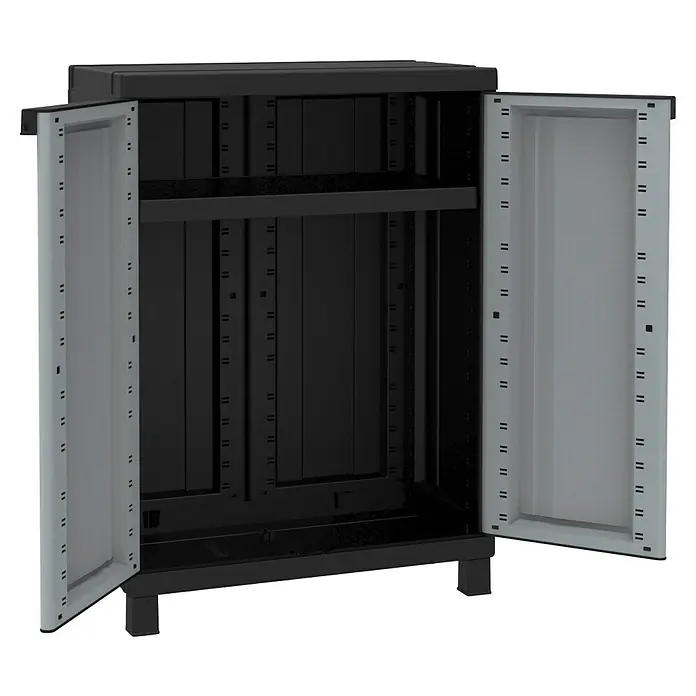 Terry Kunststoff-Mehrzweckschrank Twist Black 680 - L x B x H: 39 x 68 x 91,5 cm - Ein offener, schwarzer Kunststoffschrank mit zwei Einlegeböden, ideal für Garage oder Keller, bietet viel Stauraum.