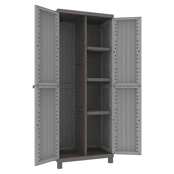Terry Kunststoff-Mehrzweckschrank C-Wood 3680 - L x B x H: 39 x 68 x 170 cm - Aufnahme eines offenen grauen Kunststoffschranks mit Regalen. Perfekt für die Aufbewahrung von Gegenständen im Haus oder in der Garage.