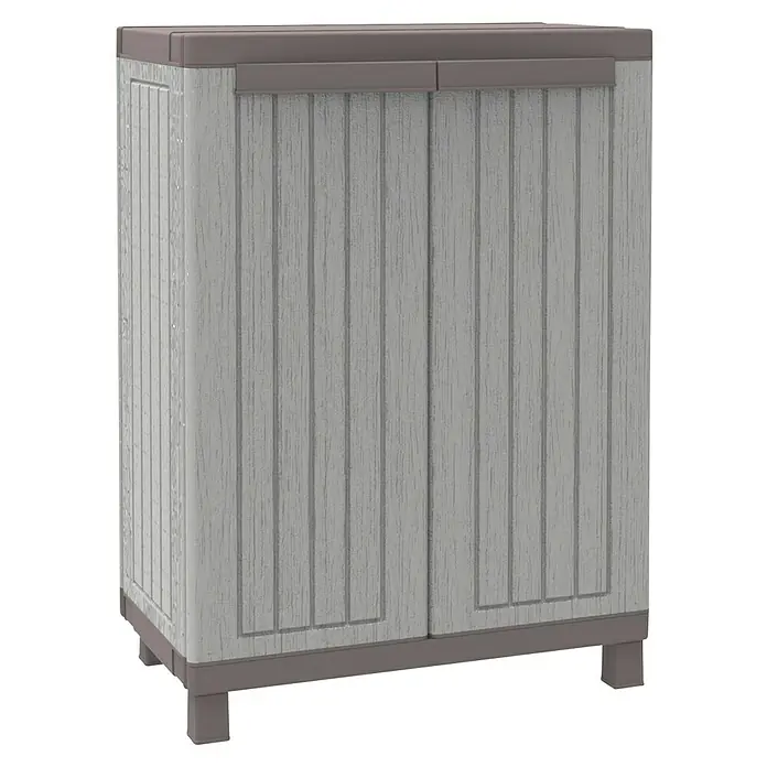 Terry Kunststoff-Mehrzweckschrank C-Wood 680 - L x B x H: 39 x 68 x 91,5 cm - Grauer Outdoor-Lagerschrank mit Holzoptik und braunen Akzenten für Garten oder Terrasse.