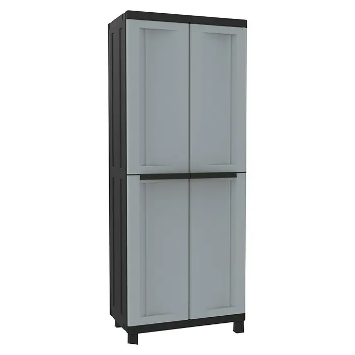 Terry Kunststoff-Mehrzweckschrank Twist Black 2680 - L x B x H: 39 x 68 x 170 cm - Bild eines grauen, modernen Kunststoffschranks mit vier Türen und schwarzem Rahmen, ideal für Garage oder Keller.