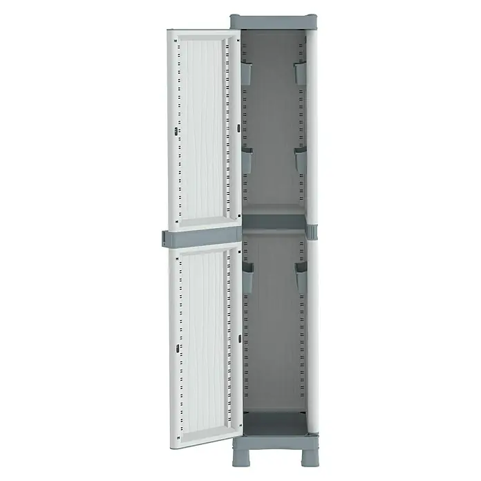 Terry Kunststoff-Mehrzweckschrank Wave Base 2350 - L x B x H: 35 x 43,8 x 181,8 cm - Aufnahme eines grauen Kunststoffschranks mit einer teilweise geöffneten Tür, der die Regale und Organisationsmerkmale des Schranks zeigt.