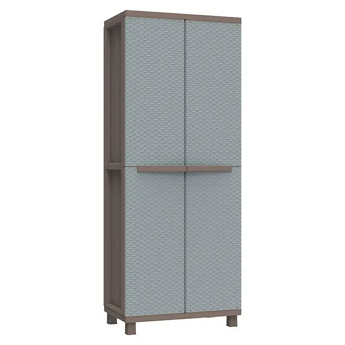 Terry Ratán Kunststoff-Mehrzweckschrank J Rattan 368 - L x B x H: 37,5 x 68 x 170 cm - Grauer Plastikschrank mit vier Türen und braunem Rahmen, ideal für die Aufbewahrung im Innen- und Außenbereich.