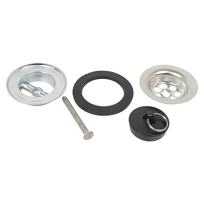 Universalventil - 1 ¼″, Waschbecken - Diese Aufnahme zeigt ein Waschbecken-Ablauf-Reparaturset, inklusive Stopfen, Schraube und Dichtungsring, ideal für die Bad- und Küchenreparatur.