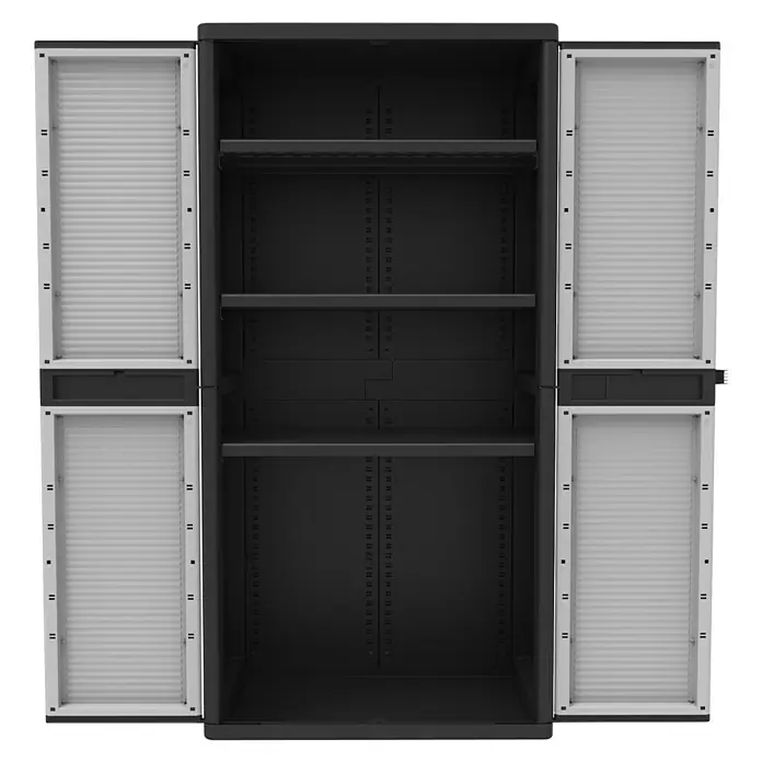 Terry Kunststoff-Mehrzweckschrank Jumbo 2900 QBlack - L x B x H: 53,7 x 89,7 x 180 cm - Das Bild zeigt einen offenen, schwarzen Kunststoff-Gartenschrank mit Regalen und Lamellentüren.