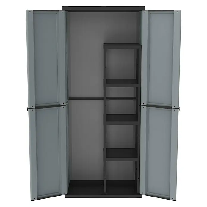 Terry JLine Armario multiusos de plástico  escobero - L x An x Al: 37,5 x 68 x 163,5 cm - Armario abierto gris con estantes. Práctica solución de almacenamiento para garaje, sótano o trastero. Mucho espacio para herramientas y objetos.