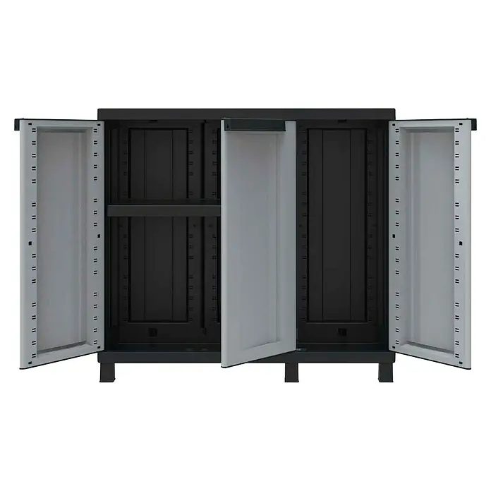 Terry Armario multiusos de plástico  Twist - L x An x Al: 39 x 102 x 91,5 cm - Esta foto muestra un armario de herramientas gris y negro con puertas abiertas, que ofrece almacenamiento y organización.