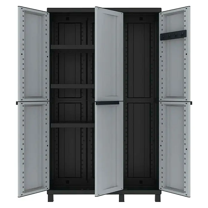 Terry Armario multiusos de plástico  Twist - L x An x Al: 39 x 102 x 170 cm - La imagen muestra un armario de plástico gris abierto con estantes negros, diseñado para almacenamiento adicional en el hogar o en el garaje.