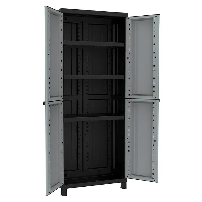 Terry Kunststoff-Mehrzweckschrank Twist Black 2680 - L x B x H: 39 x 68 x 170 cm - Aufnahme eines offenen, schwarzen und grauen Kunststoffschranks mit mehreren Regalen und Doppeltüren.