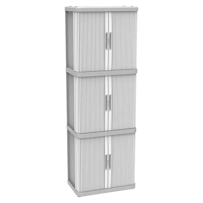 Terry Kunststoff-Mehrzweckschrank Rolling Space Modular - L x B x H: 36 x 59 x 170 cm - Dreifach gestapelter, grauer Rolladenschrank mit senkrechten Lamellen und Griffen an den Türen.