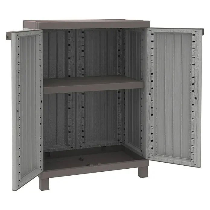 Terry Kunststoff-Mehrzweckschrank C-Wood 680 - L x B x H: 39 x 68 x 91,5 cm - Grauer Kunststoffschrank mit zwei offenen Türen und einem Regal im Innenraum. Praktische Aufbewahrungslösung für drinnen und draußen.