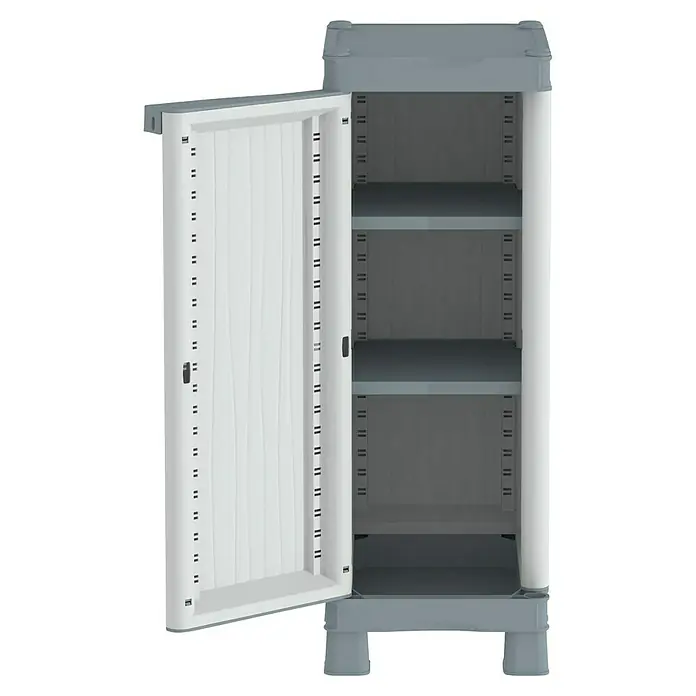 Terry Kunststoff-Mehrzweckschrank Wave Base 350 - L x B x H: 35 x 43,8 x 97,6 cm - Bild eines offenen, grauen Kunststoffschranks mit drei Einlegeböden, ideal für Garage, Keller oder Abstellraum.