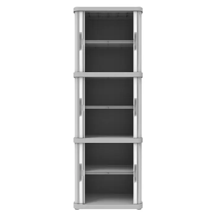 Terry Kunststoff-Mehrzweckschrank Rolling Space Modular - L x B x H: 36 x 59 x 170 cm - Abbildung eines grauen Flügeltürenschranks mit vier Regalen zur Aufbewahrung verschiedener Gegenstände.