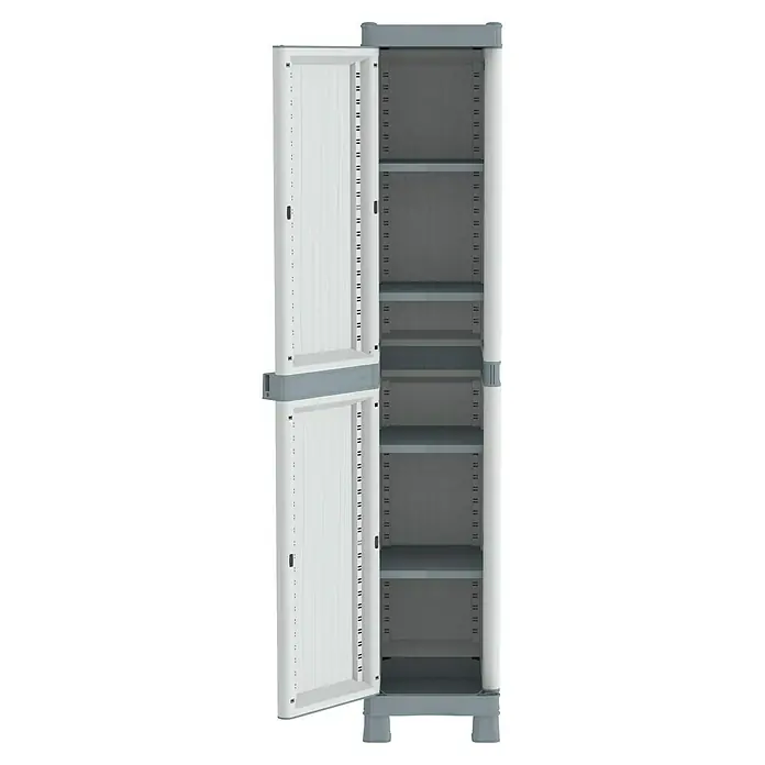 Terry Kunststoff-Mehrzweckschrank Wave Base 2350R - L x B x H: 35 x 43,8 x 181,8 cm - Aufnahme eines hohen grauen und weißen Kunststoffschrankes mit einer offenen Tür, der Regale freigibt.