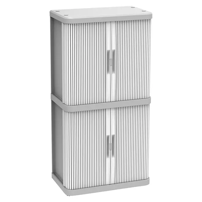 Terry Kunststoff-Mehrzweckschrank Rolling Space Modular - L x B x H: 36 x 59 x 115 cm - Das Bild zeigt einen grauen, doppelstöckigen Rollcontainer mit vertikalen Lamellen, ideal für Büro oder Homeoffice zur stilvollen Aufbewahrung.