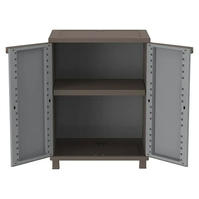 Terry Ratán Kunststoff-Mehrzweckschrank J Rattan 68 - L x B x H: 37,5 x 68 x 91,5 cm - Brauner Kunststoffschrank mit zwei offenen Türen und einem Regal.