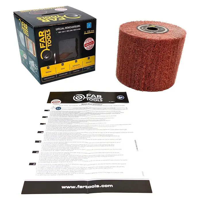 Fartools Bürstenwalze Kunstfaser - Passend für: Fartools Multischleifer Satiniermaschine REX 120C, Geeignet für: Metall, 1 Stk. - Ein Far Tools Schleifzylinder Set mit Box, Schleifrolle und Broschüre, ideal für Renovierungsarbeiten.