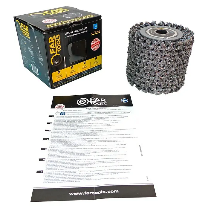 Fartools Bürstenwalze Metalldraht - Passend für: Fartools Multischleifer Satiniermaschine REX 120C, Geeignet für: Stein, 1 Stk. - Das Far Tools Special Renovators Set mit REX 320 E, REX 200 und REX H-200, inklusive Drahtbürste, Durchmesser 120 mm.