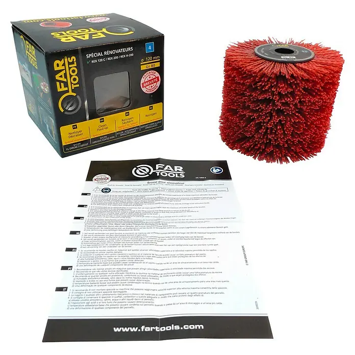 Fartools Bürstenwalze Nylondraht - Passend für: Fartools Multischleifer Satiniermaschine REX 120C, Geeignet für: Metall, 1 Stk. - FAR Tools Spezial-Renovierbürste im Set mit Box und Info-Blatt, ideal zum Reinigen und Aufarbeiten von Oberflächen.