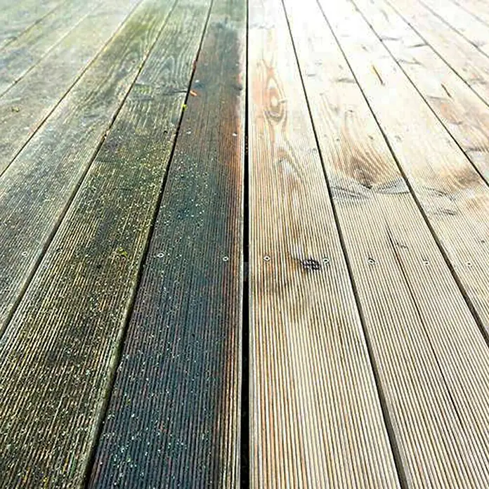 Fartools Bürstenwalze Nylondraht - Passend für: Fartools Multischleifer Satiniermaschine REX 120C, Geeignet für: Metall, 1 Stk. - Holzdeckreinigung demonstriert: Vorher und Nachher des gereinigten Holzdecks. Der Unterschied ist durch Reinigen des Decks sichtbar.